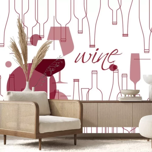 Sticker Background in modern style with wine bottles and wine glasses. Design element for tasting, menu, wine list, restaurant, winery, shop.