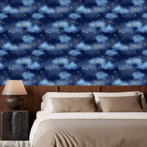Behang Seamless dark blue night sky pattern with gold foil constellations, stars and watercolor clouds