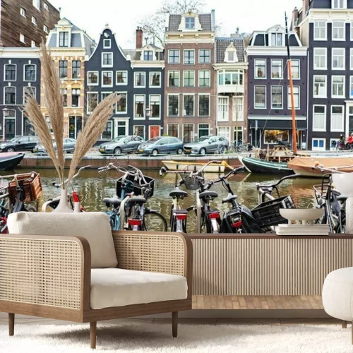 Fotobehang Fietsen langs het kanaal in Nederland