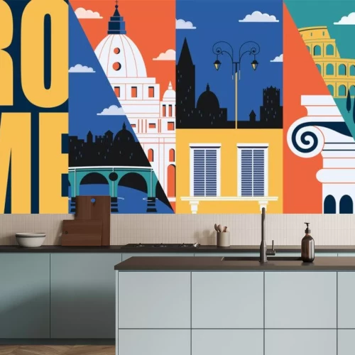Sticker Rome, Italy vector banner, illustration. City skyline, historical buildings in modern flat design