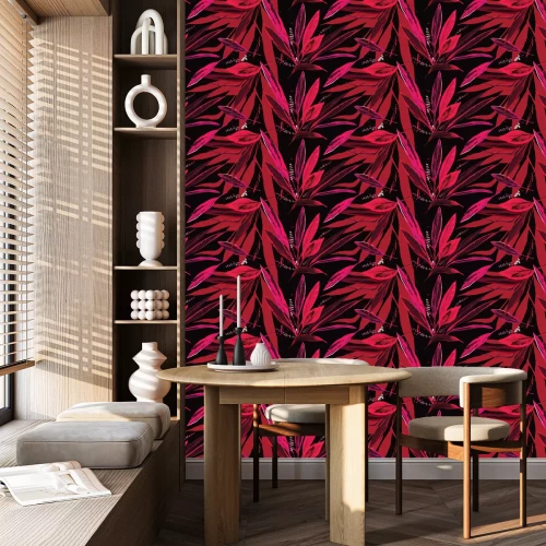 Behang Trendy floral seamless pattern. Pink and red leaves on a black background. Hand-drawn vector illustration.