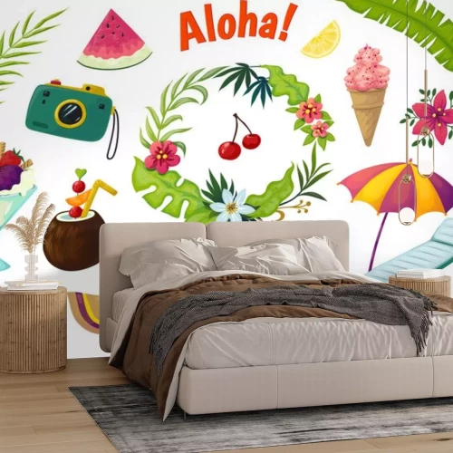 Sticker Exotic stickers. Summer party tropical collection of doodle fruits leaves cocktail flamingo, jungle vacation abstract vector elements