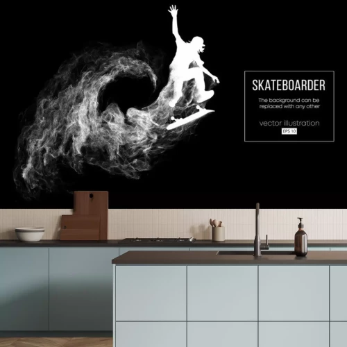 Sticker Abstract silhouette of a skateboarder on the dark black background from particles, dust, smoke. Skateboarder jumps and performs the trick. Background can be changed to any other. Vector illustration