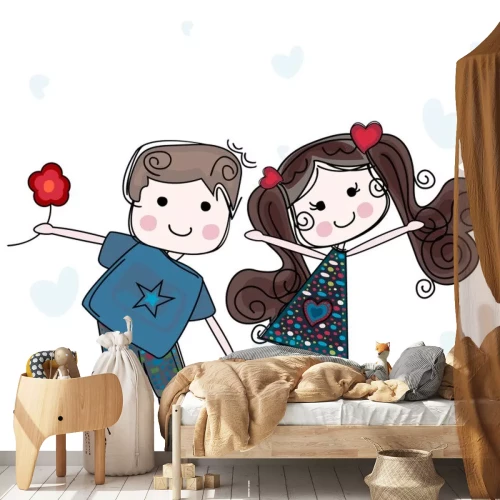 Sticker Een jongen die een meisje een rode bloem geeft