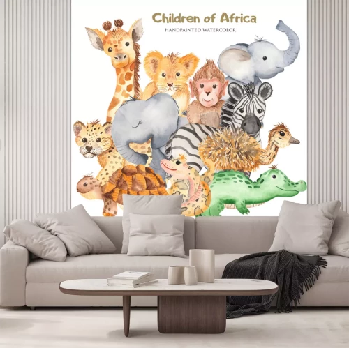 Sticker Watercolor card with cute characters of African animals. Template for invitation, greeting card, party, baby shower, children's clothing and design.