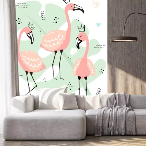 Sticker Vector tropical illustration of cute flamingos in the crown on the monstera background. Hand-drawn summer exotic poster for kids, holidays, clothes, decor, textile, fabric, card. Little Princess