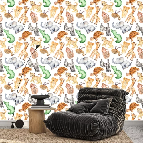 Behang Watercolor pattern with cute cartoon animals of Africa. Texture for wallpaper, packaging, scrapbooking, textiles, fabrics, children's clothing and design.