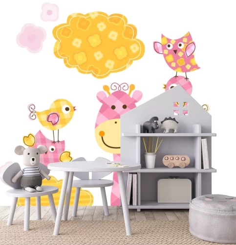 Sticker Roze giraf met vogels op de staart