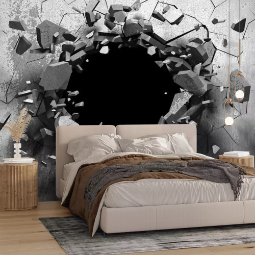 Fotobehang 3D zwart gat in een betonnen muur