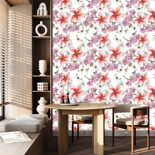 Behang Bright seamless pattern with flowers. Plumeria. Orchid. Butterfly.  Watercolor illustration.