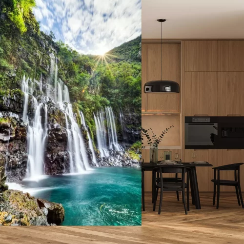 Fotobehang Watervallen die in het meer vallen