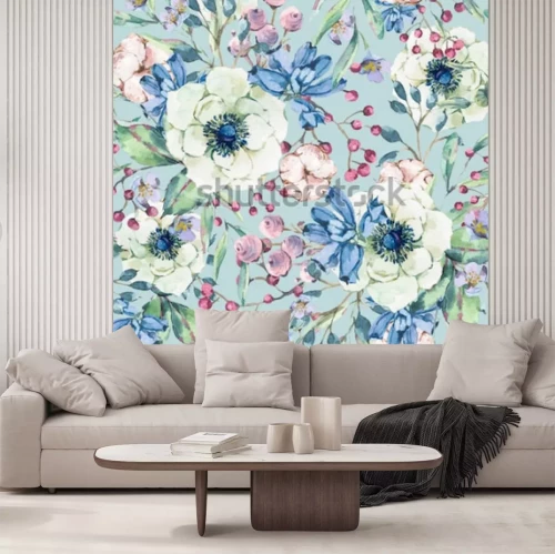 Sticker Witte bloemen op een retro patroon