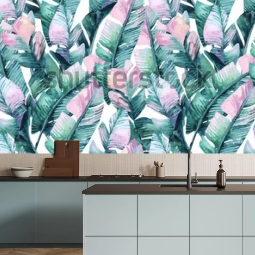 Sticker Waterverf tropisch naadloos patroon met banaanbladeren. Exotische bladeren achtergrond. Handgeschilderde natuurlijke illustratie voor dekking, achtergrond, afdrukken