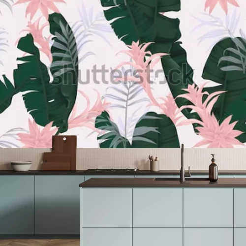 Sticker Bloemen naadloos patroon, groene banaanbladeren, roze Bromeliaceae-installatie en palmbladen op lichtgrijze achtergrond, pastelkleur uitstekend thema
