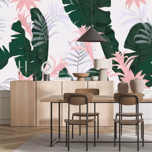 Sticker Bloemen naadloos patroon, groene banaanbladeren, roze Bromeliaceae-installatie en palmbladen op lichtgrijze achtergrond, pastelkleur uitstekend thema