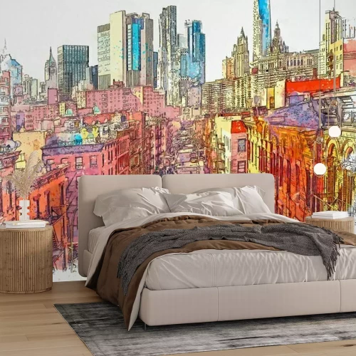 Fotobehang Watercolor sketch or illustration of a beautiful view of the street in Chinatown in New York in the USA. Everyday city life