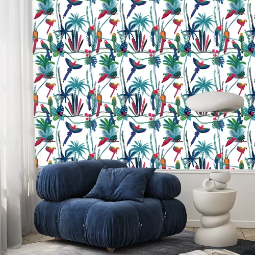 Behang Seamless pattern With Parrots In The Jungle.
