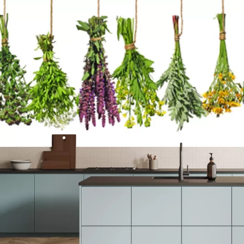 Fotobehang Bosjes kleurrijke verse kruiden op een witte achtergrond