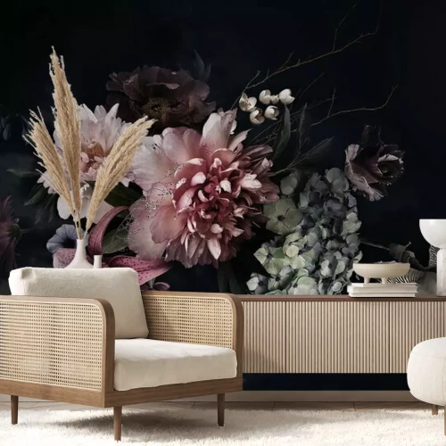 Fotobehang Een stijlvol boeket bloemen op een zwarte achtergrond