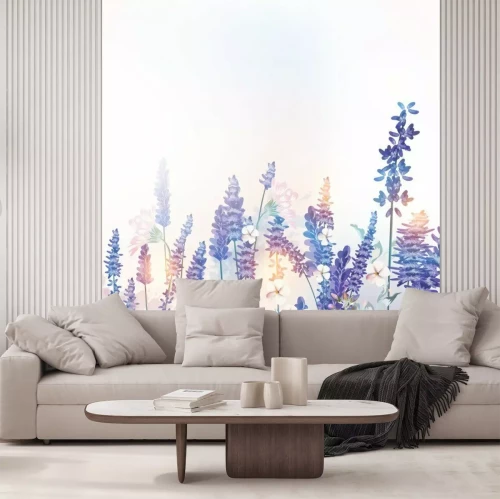 Fotobehang Thema van lavendel en wilde bloemen in de ochtend