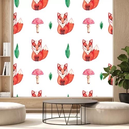 Sticker Seamless pattern Watercolor illustration of red Fox on white isolated background Hand painted animal