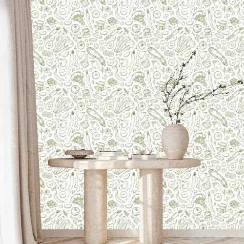 Behang Groenten en fruit geschetst in het groen