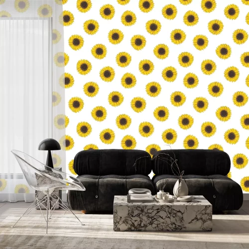 Behang Floral seamless pattern with sunflower heads. Botanical backdrop with blooming flower or cultivated crop hand drawn on white background. Natural vector illustration in vintage style for fabric print.