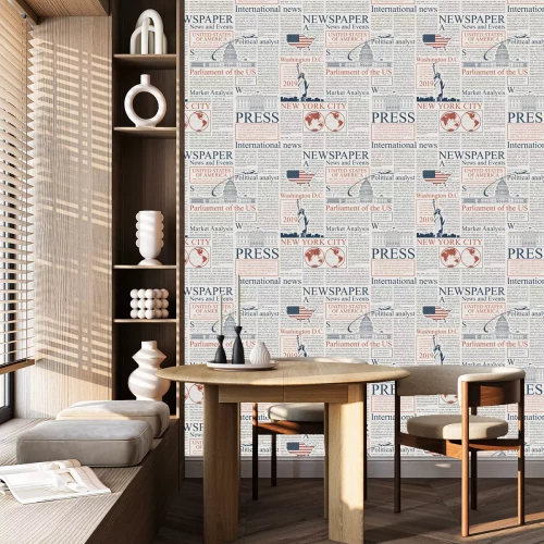 Behang Vector seamless pattern with american newspapers columns. Text on newspaper page is unreadable. US newspaper with blue and red text, repeating newspaper background with headlines and illustrations.