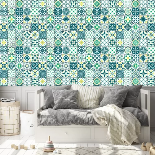 Behang Tile vector pattern - Azulejo Lisbon retro old tiles mosaic, Portuguese seamless green design