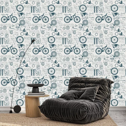 Behang Bicycles.Vector abstract seamless pattern on the theme of bikes, adventures and discoveries. Old manuscript with spare parts, and other symbols with blots and stains in vintage style.