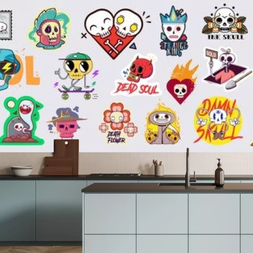 Sticker Set of funny cartoon varied skull stickers.