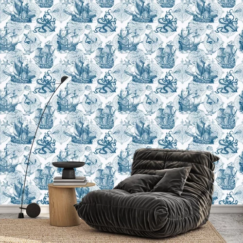 Behang Old caravel, vintage sailboat, sea monster. Vector seamless pattern