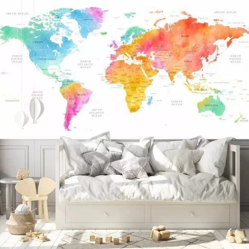 Fotobehang Een wereldkaart in een aquarelachtige stijl met schaduwen.