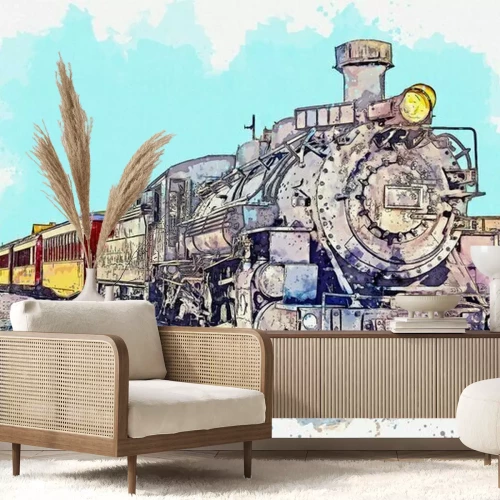 Fotobehang Watercolor sketch or illustration of an old fashioned train. Transportation of passengers and goods by train