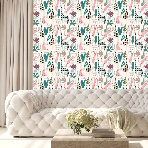 Behang Giraffen en roze luipaarden tussen tropische bladeren