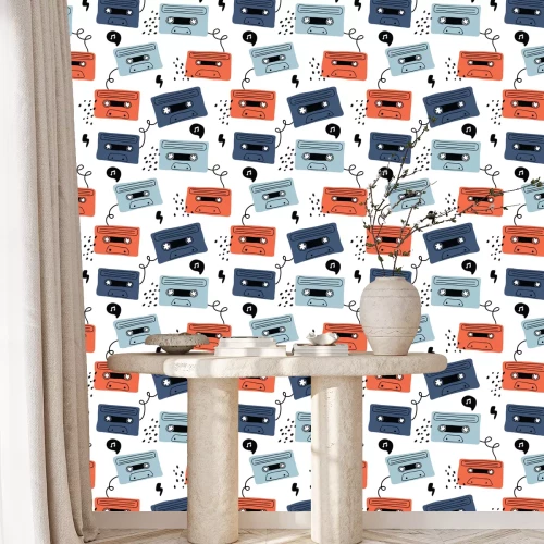Behang vector seamless background pattern with retro audio cassette with rock music for fabric, textile,wallpaper,wrapping paper, notebook covers,background
