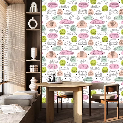 Behang Naadloze vintage oldtimer auto achtergrond patroon in vector
