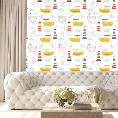 Behang Nautical seamless pattern with ships and lighthouse. Kids hand drawn print. Vector illustration.