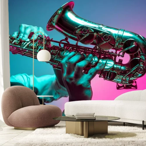 Sticker African American handsome jazz musician playing the saxophone in the studio on a neon background. Music concept. Young joyful attractive guy improvising. Close-up retro portrait.
