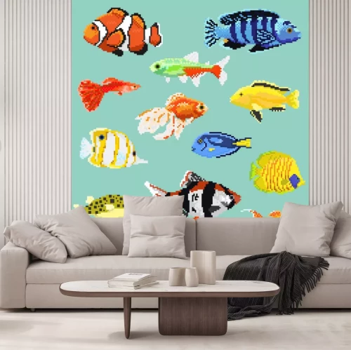 Sticker Big set of pixel exotic fish isolated on a blue background.