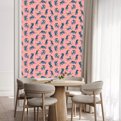 Behang Vector seamless pattern with cute tigers on the pink background. Fashionable fabric design.
