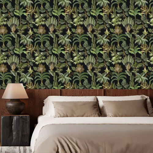 Behang Seamless pattern with exotic trees such us palm, monstera and banana. Interior vintage wallpaper.