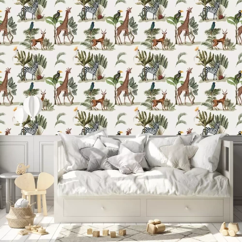 Behang Seamless pattern with exotic trees and animals. Interior vintage wallpaper.