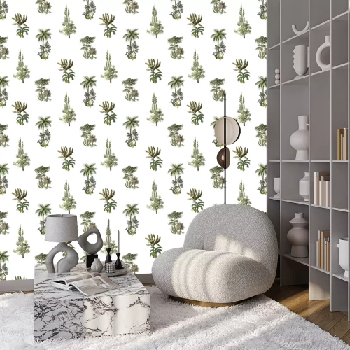 Behang Seamless pattern with exotic trees such us palm, monstera and banana. Interior vintage wallpaper