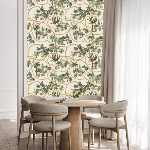 Behang Seamless pattern with exotic trees such us palm, monstera and banana with chains.