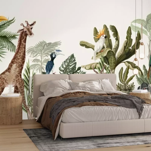 Fotobehang Grafische jungle met dieren