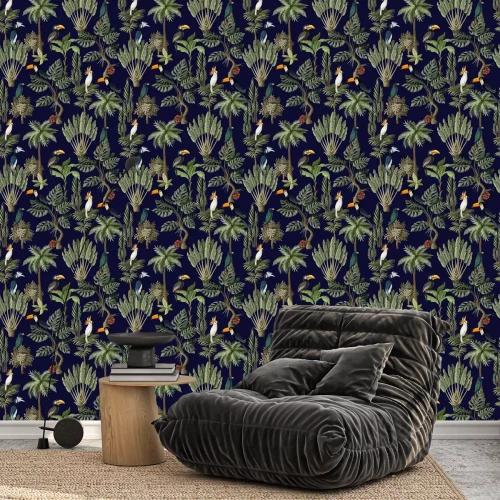 Behang Seamless pattern with exotic trees and animals. Interior vintage wallpaper.