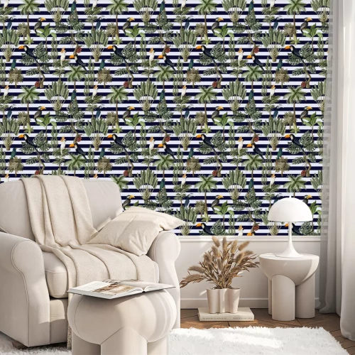 Behang Tropische dieren en planten op een gestreepte achtergrond