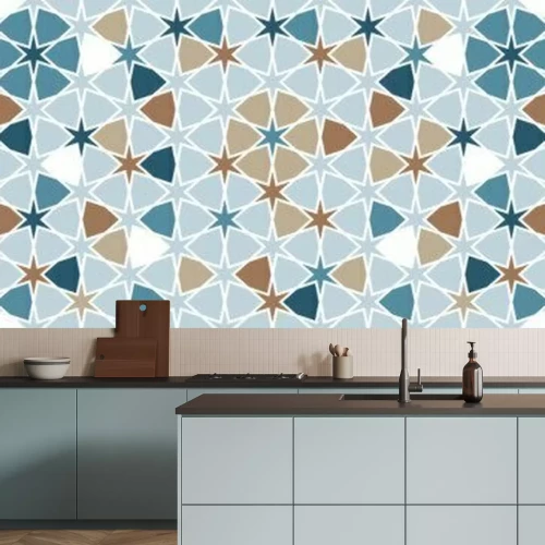 Sticker Arabesque vector seamless pattern. Geometric halftone texture with color tile disintegration or breaking