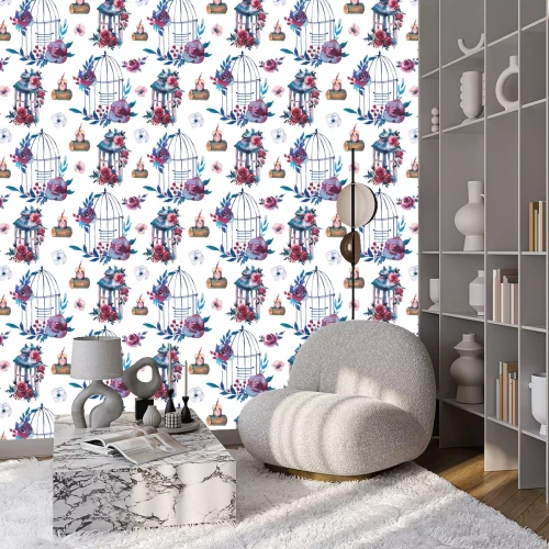 Behang Vogelkooien met bloemen en kaarsen